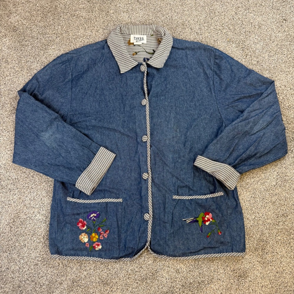 Teddi Vintage Denim Jacket Medium Blue Embroidered Hummingbird Gingham Trim